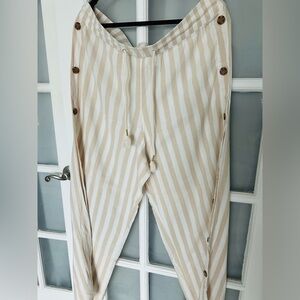 French Laundry Cream & White Striped Wide-Leg Drawstring Pants